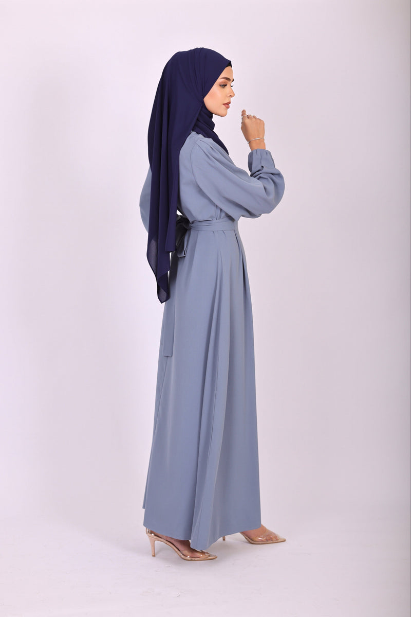 Elegant Maxi Crepe Belted  Dress - Blue
