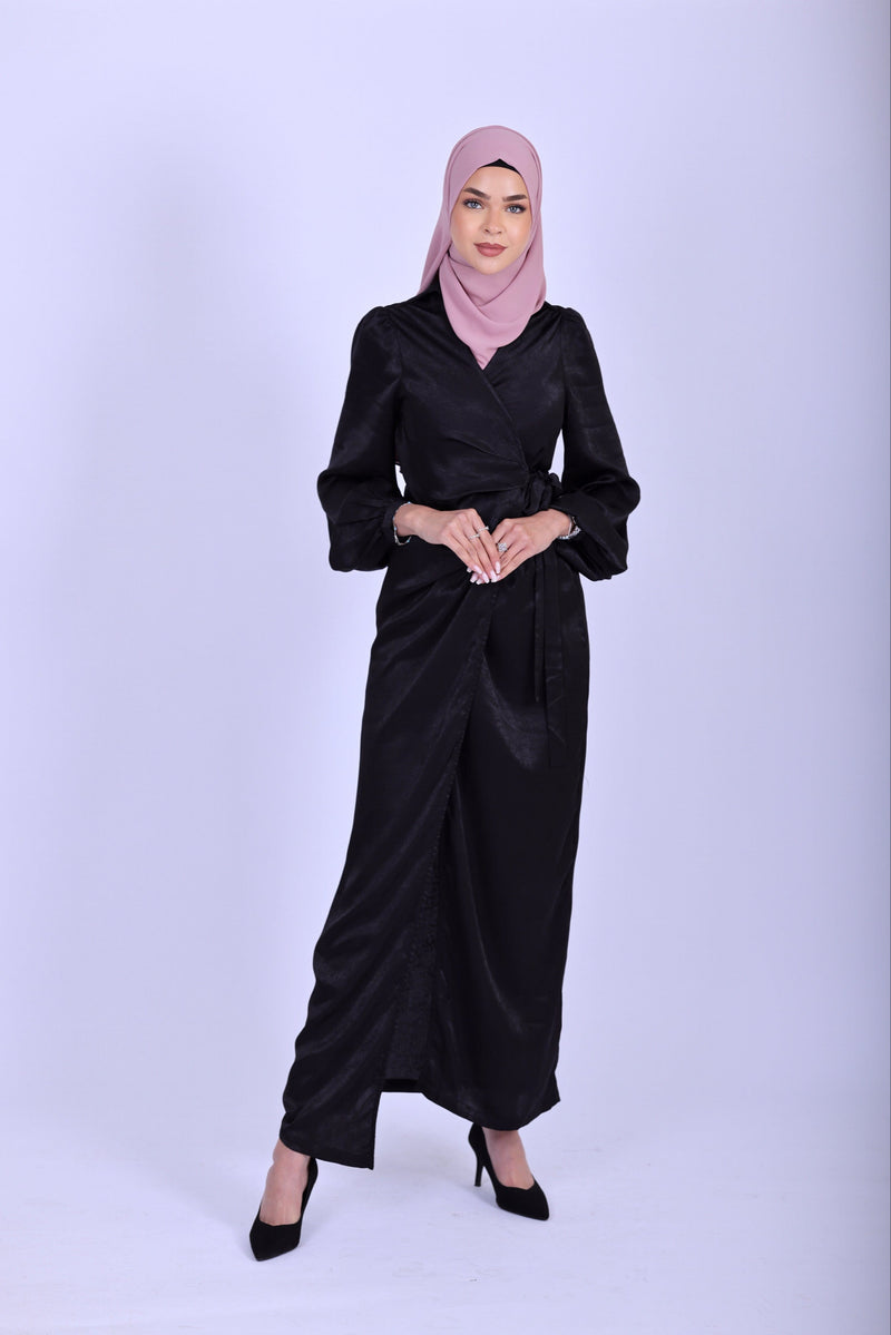 Luxury Velvet Satin Maxi Wrap Dress - Black