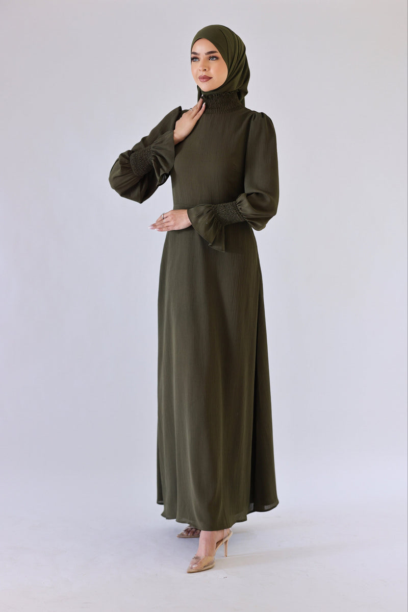 Chamomel Dresses Classic Smocked Sleeves Ruffle Neck Maxi Chiffon Dress - Olive Green