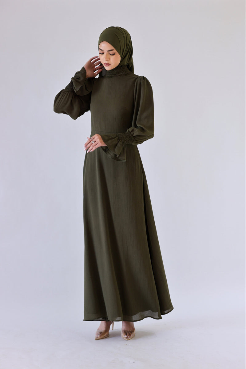 Chamomel Dresses Classic Smocked Sleeves Ruffle Neck Maxi Chiffon Dress - Olive Green