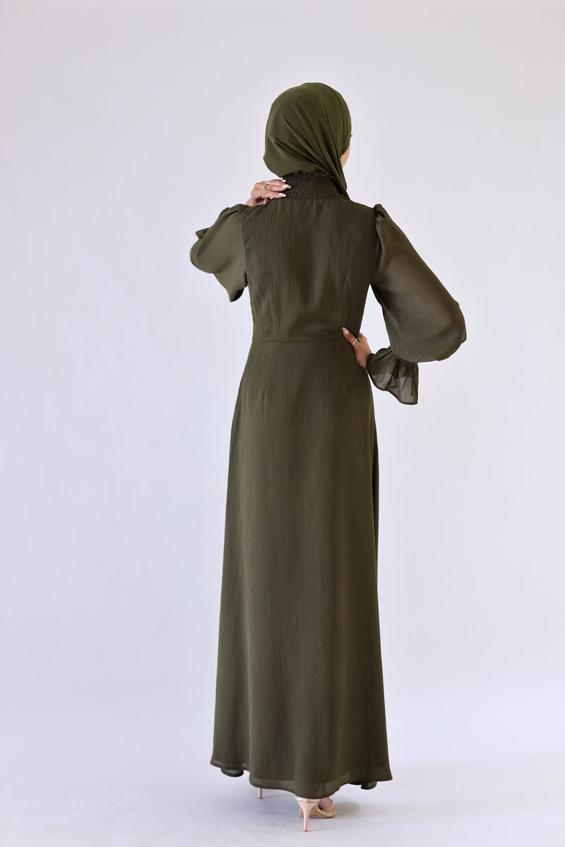 Chamomel Dresses Classic Smocked Sleeves Ruffle Neck Maxi Chiffon Dress - Olive Green