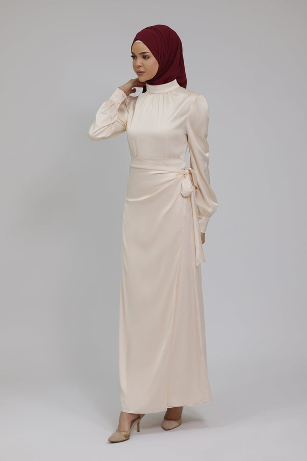 Chamomel Dresses Classic Wrap Satin Maxi Dress - Beige