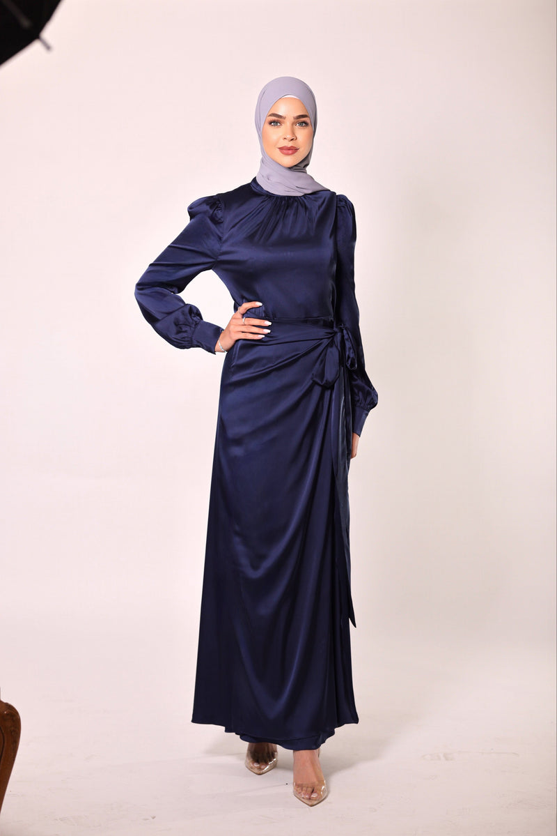 Chamomel Dresses Classic Wrap Satin Maxi Dress - Navy Blue