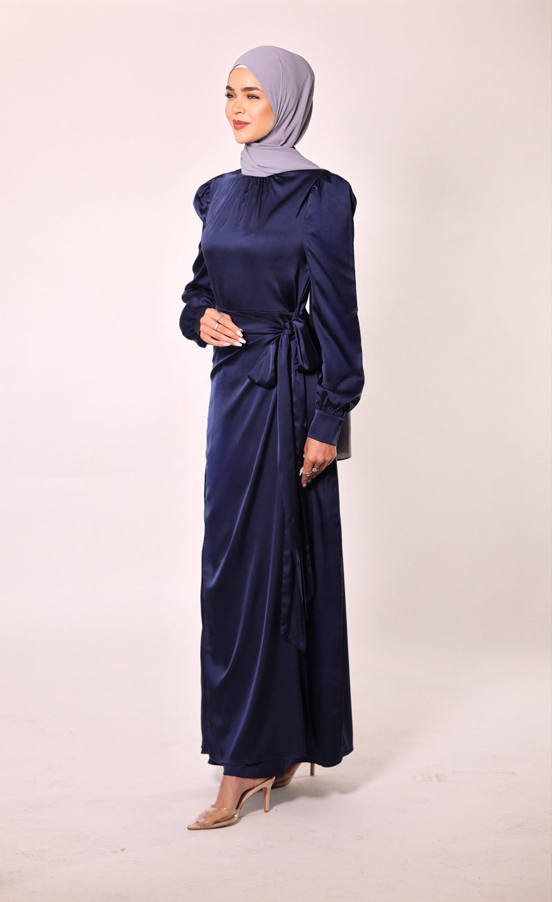 Chamomel Dresses Classic Wrap Satin Maxi Dress - Navy Blue