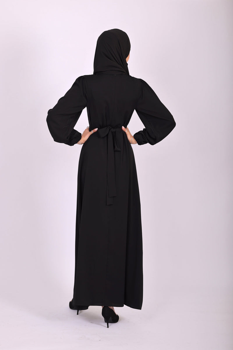 Chamomel Dresses Elegant Maxi Crepe Belted  Dress - Black