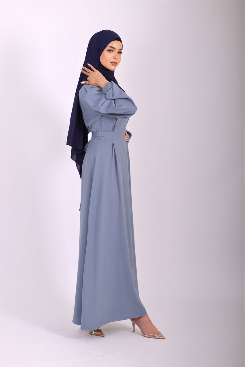 Chamomel Dresses Elegant Maxi Crepe Belted  Dress - Blue