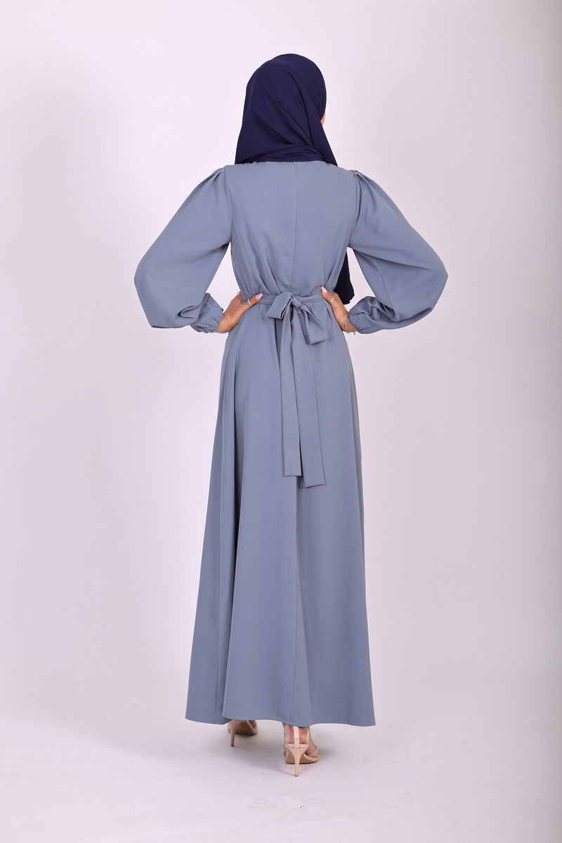 Chamomel Dresses Elegant Maxi Crepe Belted  Dress - Blue