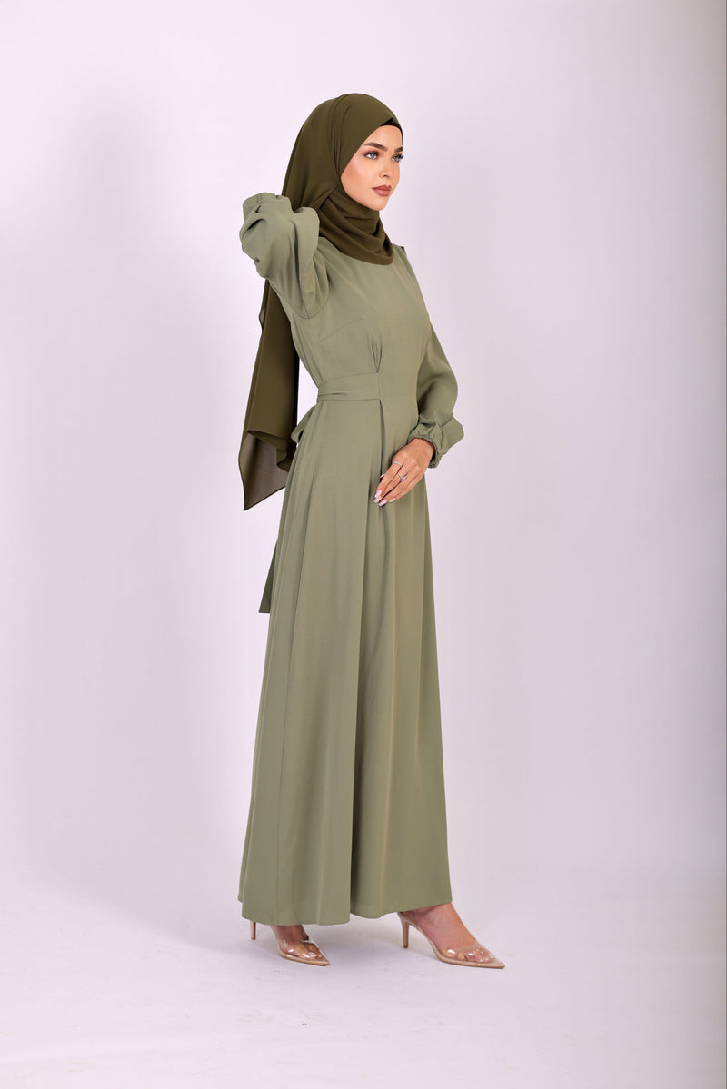 Chamomel Dresses Elegant Maxi Crepe Belted  Dress - Green