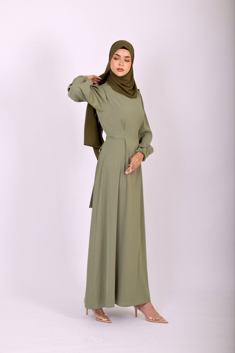 Chamomel Dresses Elegant Maxi Crepe Belted  Dress - Green