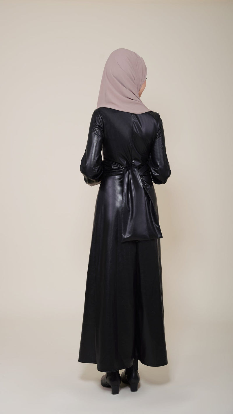 Chamomel Dresses High Quality Maxi Belted Leather Dress - Black