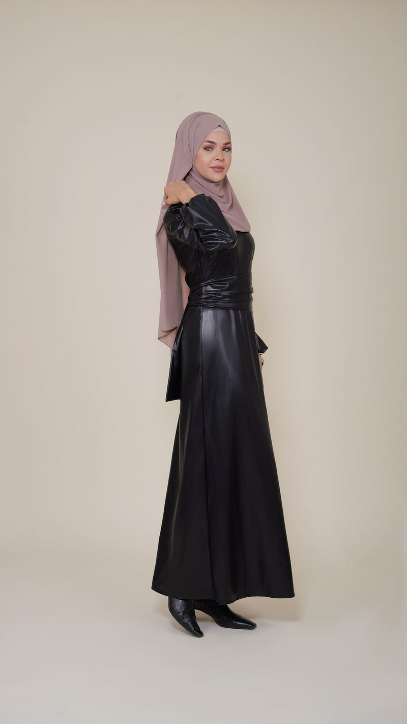 Chamomel Dresses High Quality Maxi Belted Leather Dress - Black