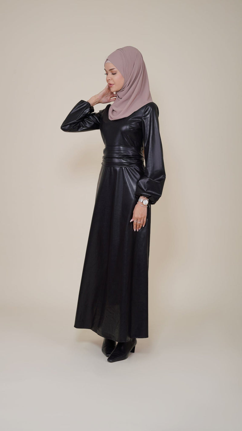 Chamomel Dresses High Quality Maxi Belted Leather Dress - Black