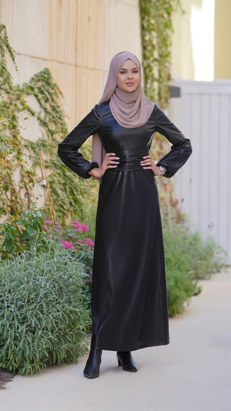 Chamomel Dresses High Quality Maxi Belted Leather Dress - Black