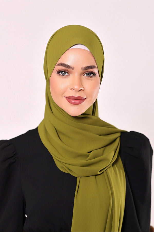 Chamomel Shawls Luxury Crepe Chiffon Hijab - Olive Green