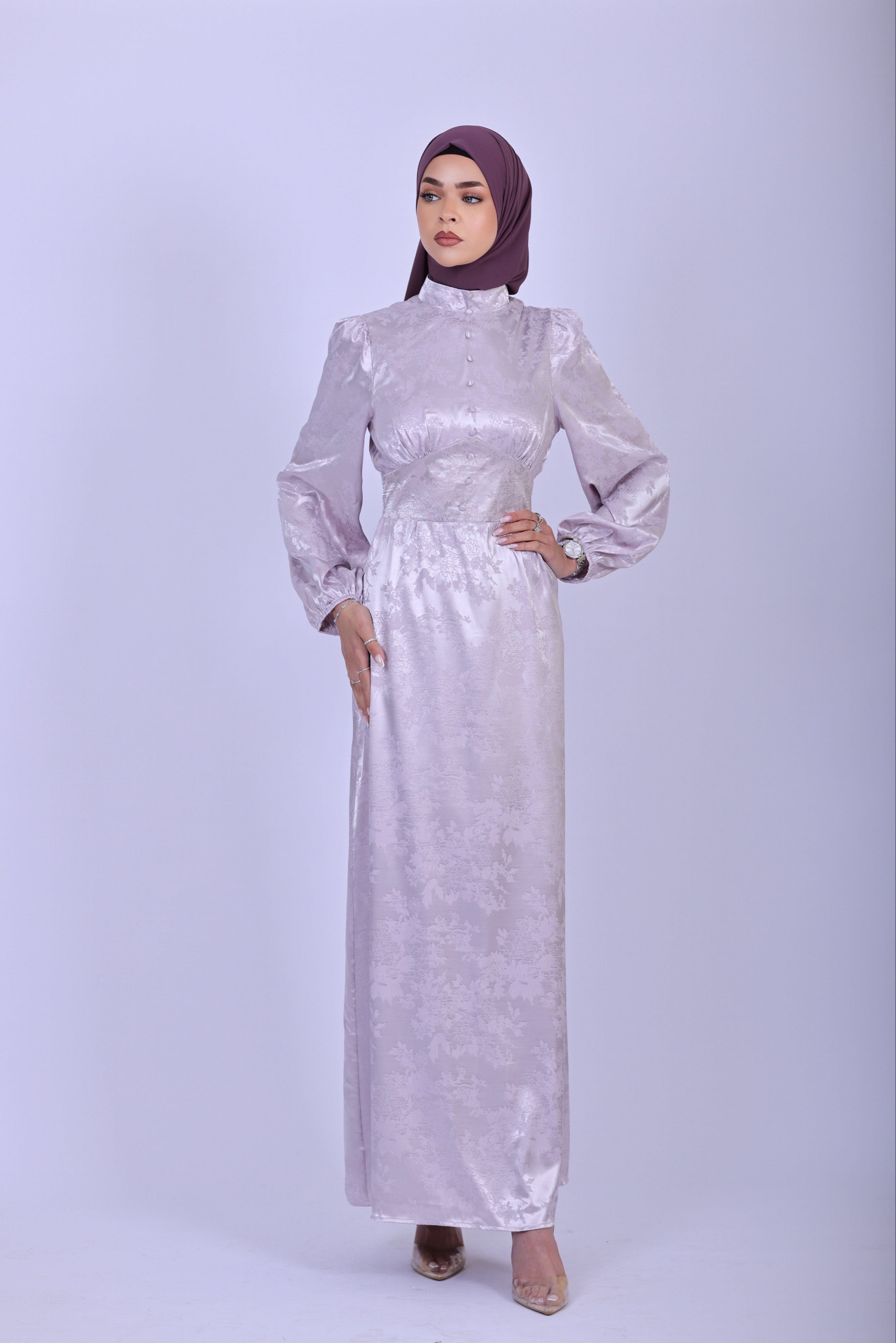 Luxury Maxi Dress Flowered Satin Print - Light Purple – chamomel