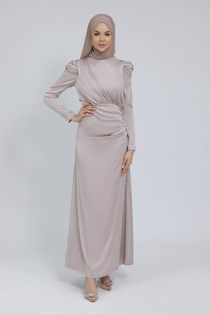 Chamomel Dresses Luxury Satin Maxi Dress With Ruching Details - Nude