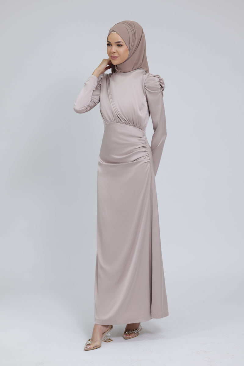 Chamomel Dresses Luxury Satin Maxi Dress With Ruching Details - Nude