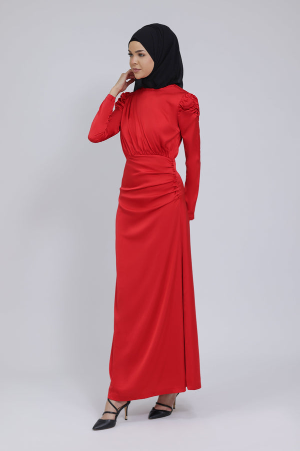 Chamomel Dresses Luxury Satin Maxi Dress With Ruching Details - Red