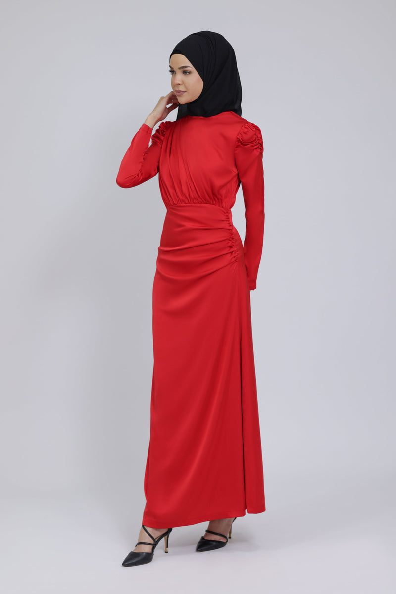 Chamomel Dresses Luxury Satin Maxi Dress With Ruching Details - Red