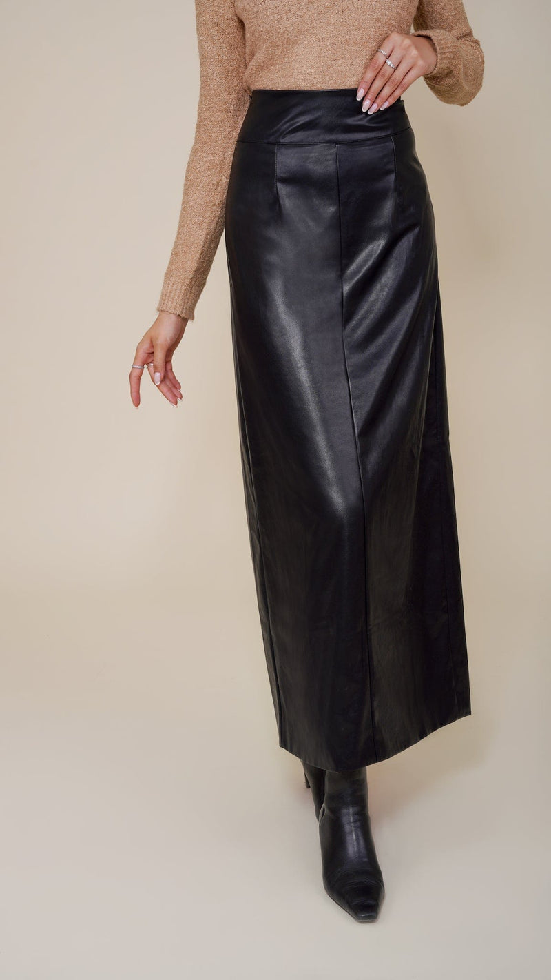 Chamomel Long Skirts Maxi Leather A-Line Skirt - Black