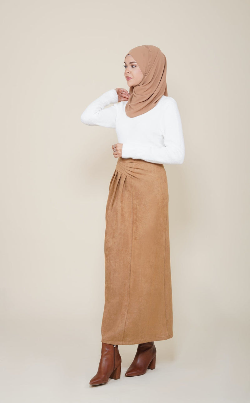 Chamomel Long Skirts Maxi Suede Draped Skirt - Camel