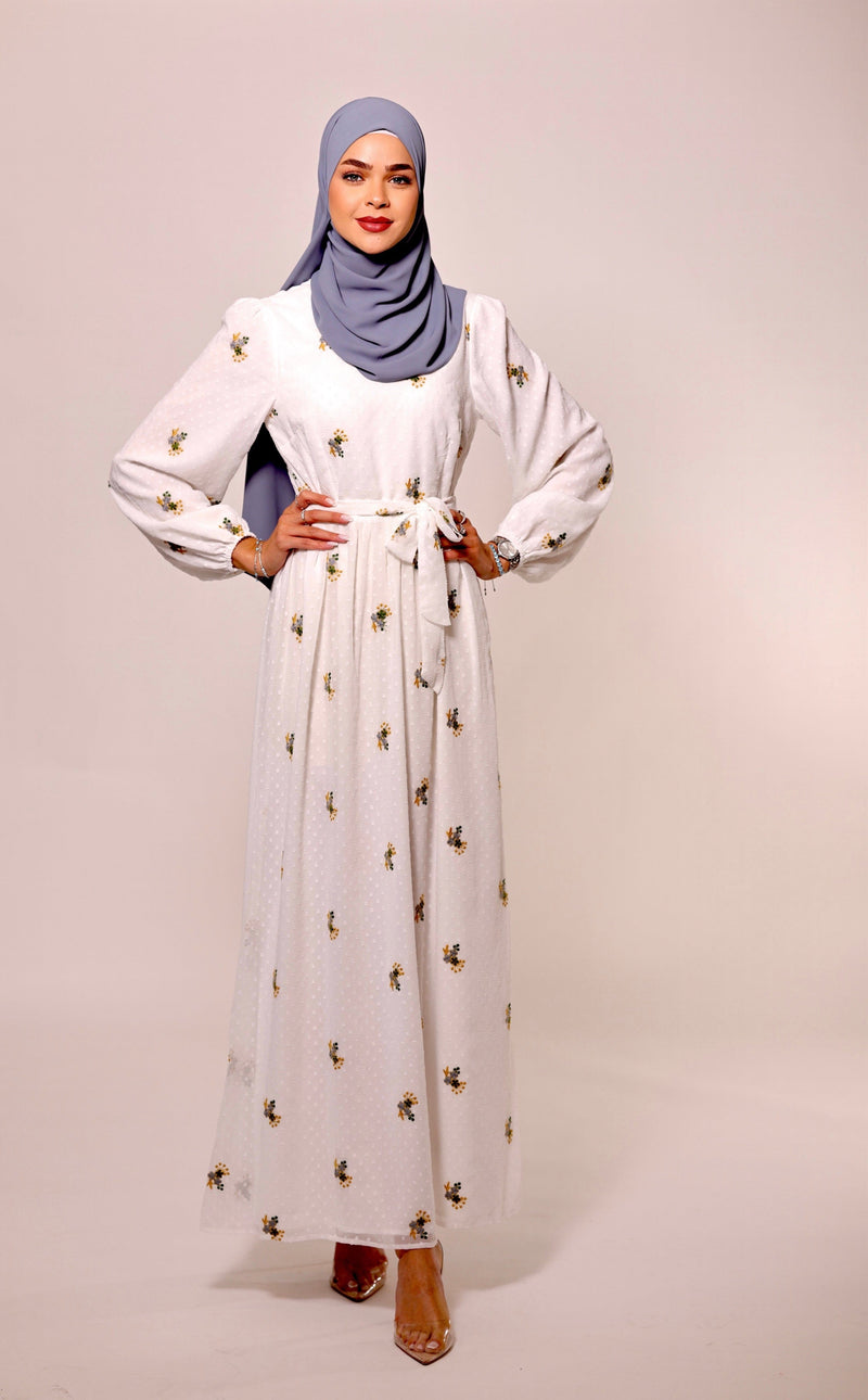 Chamomel Dresses Modest Summer Embroidered Chiffon Dress - White