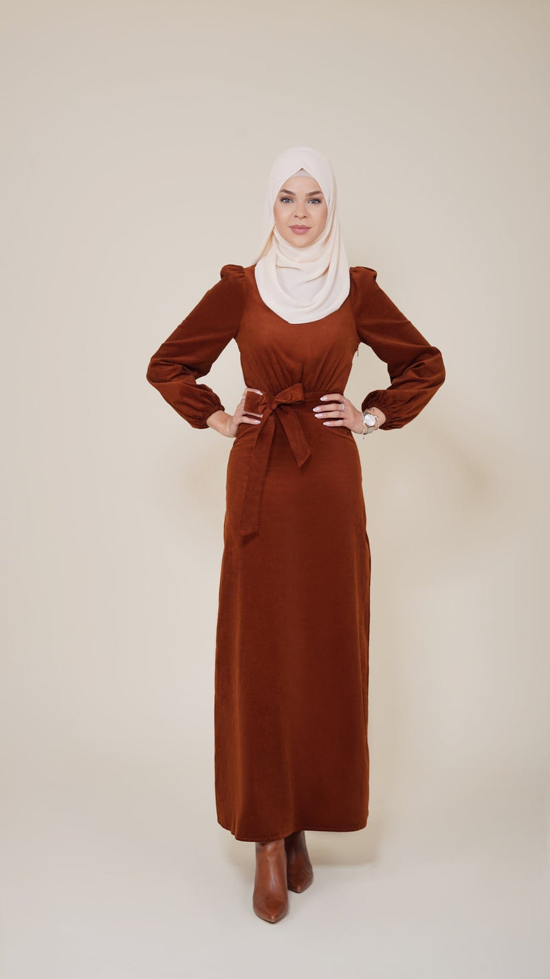 Chamomel Dresses XS 100% Corduroy Cotton Belted Dress - Brown