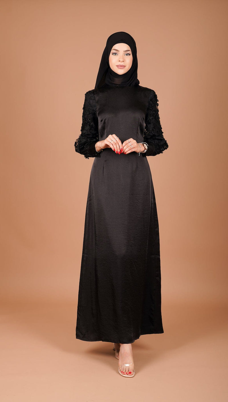 Chamomel Dresses XS / black Classy Satin Dress With Flowered Lace Sleeves