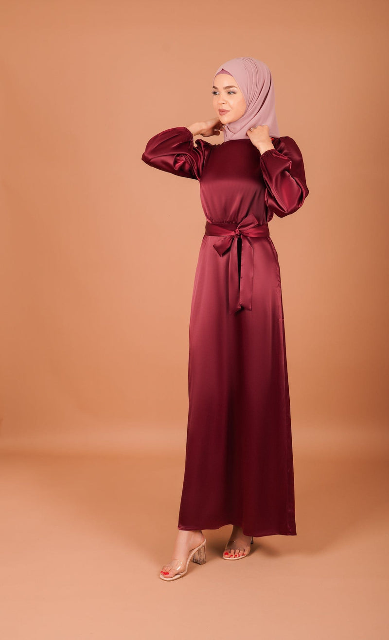 Chamomel Dresses XS / maroon red Satin Elegant Belted Dress