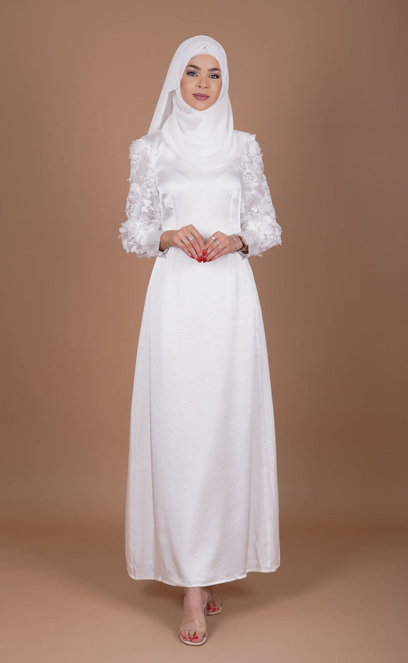 Chamomel Dresses XS / white Classy Satin Dress With Flowered Lace Sleeves